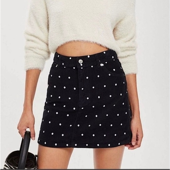 Topshop Dresses & Skirts - Topshop Black Corduroy Polka Dot Mini Skirt